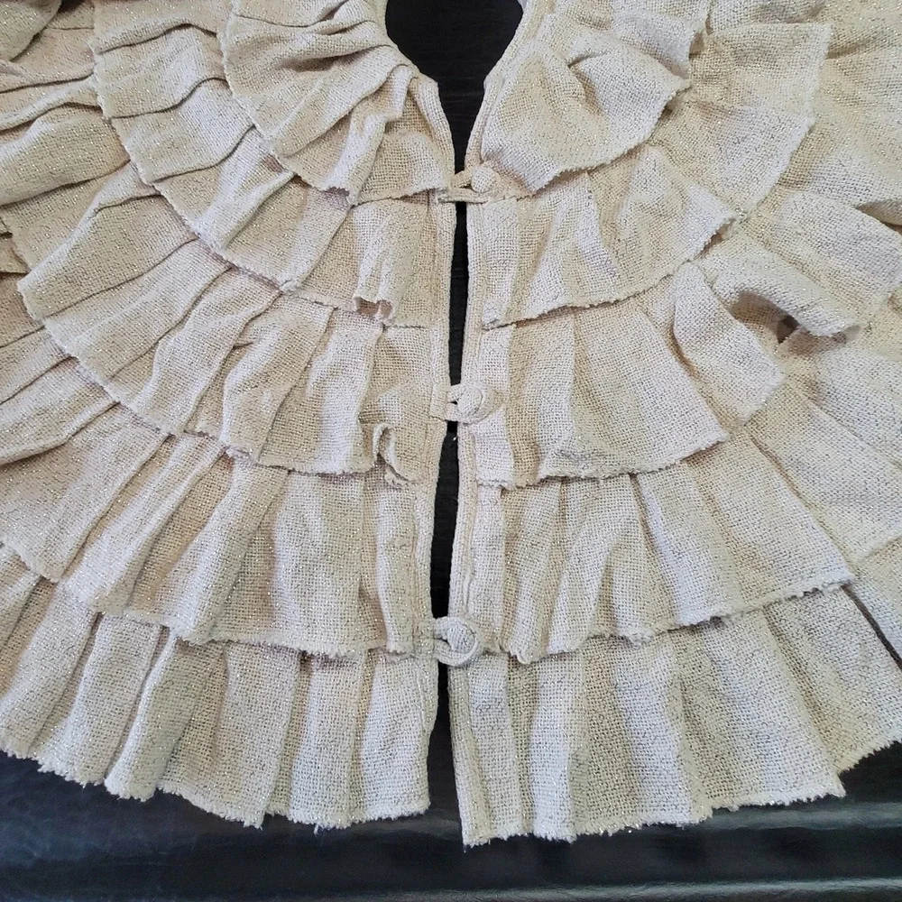 VHC‎ Christmas Tree Skirt Cream Silver Ruffled Burlap Metallic Tiered